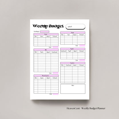 Weekly Budget Planner Worksheet - Digital Download